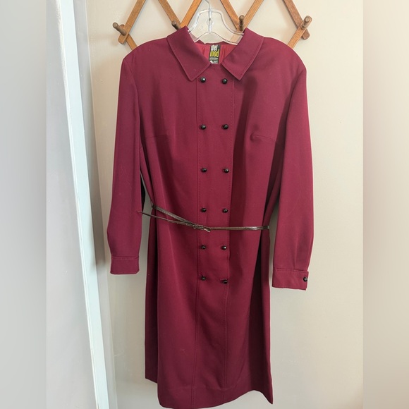 VINTAGE Del Mod Wool Midi Dress Burgundy 100% Virgin Wool Lined + Belt large - Picture 2 of 10